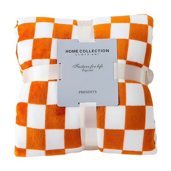 AUQ Throw Blanket Checkerboard Design Coldproof Polyester Bedroom Bed Winter Warm Flannel Blanket Sleeping Cover,Dark Orange M