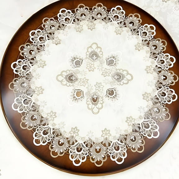 AUQ Vintage Crochet Table Cloth Round Lace Doily Handmade Lace Floral Bohemian Table Cover Scarf Table Topper for Home Wedding Party Decoration,Beige,27.5 Inch