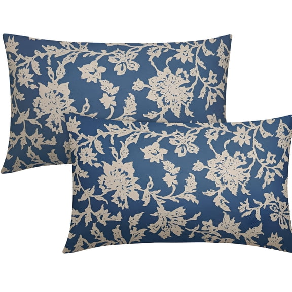 AUQ Vintage Floral Block Print Lumbar Pillow Covers 12x20 Set of 2 Blue Brown Cream Flower Pattern Rustic Old Style Decorative Throw Pillow Cases Outdoor Farmhouse Decoration for Sofa Couch Bed
