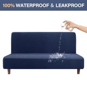 AUQ Waterproof Futon Cover, Leakproof Armless Sofa Slipcover, Stretch Jacquard Sofa Bed Cover Full Folding, Couch Furniture Protector for Kids, Pets, Dog and Cat Medium, Navy