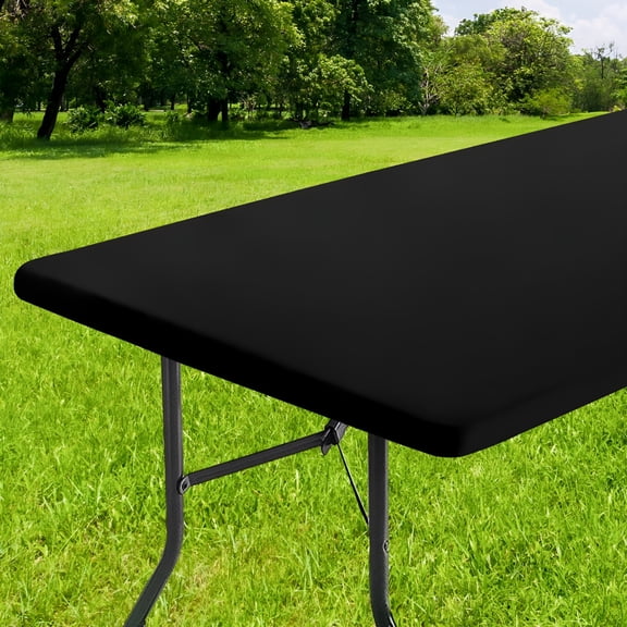 AUQ Waterproof Vinyl Fitted Table Cloth for 30"X 72" Rectangle Tablecloth,Wipeable Elastic Table Cover,Black,Indoor Or Outdoor Black Cloth Tablecloth