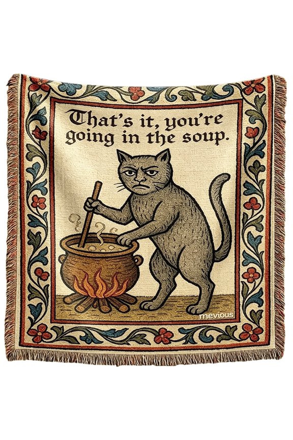 AUQ Weird Medieval Cat Woven Tapestry,Vintage Cat Themed Woven Sofa Blanket,Wall Hanging Art Handicrafts,Soft and Cozy Multipurpose Blanket,With Fringe Tassels,Home Decor for Cats Lovers