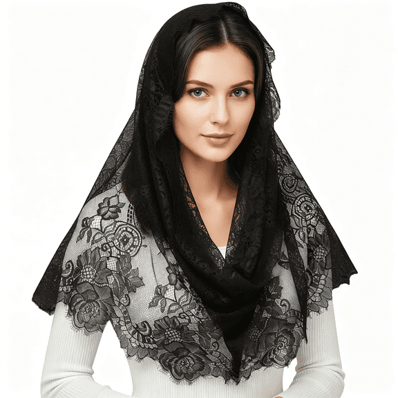 AUQ White Chapel Veil Spanish Style Lace Traditional Vintage Inspired Catholic Church Veil