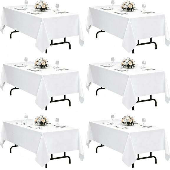 AUQ White Faux Linen Table Cloths for 6 Ft Rectangle Tables-6 Pack,Washable Polyester Rustic Fabric Faux Linen Table Cloth Cover for Wedding,Outdoor,Events,Party,Banquet,Dining,60X102 "