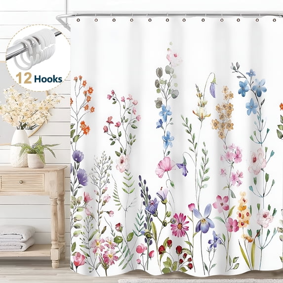 AUQ White Floral Fabric Shower Curtain,Floral Shower Curtains for Bathroom Watercolor Bathroom Curtain with Hooks,Pink,72" X 72"