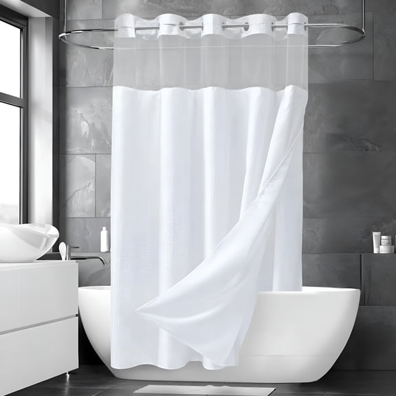 AUQ White Hookless Shower Curtain with Snap-in Liner,Waffle Weave Fabric No Hook Waterproof Mesh Window Bathroom Curtain,72" X 74" White Shower Curtain Fabric
