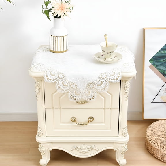AUQ White Lace Jacquard Small Square Tablecloth for End Side Coffee Table Cover Home Decoration