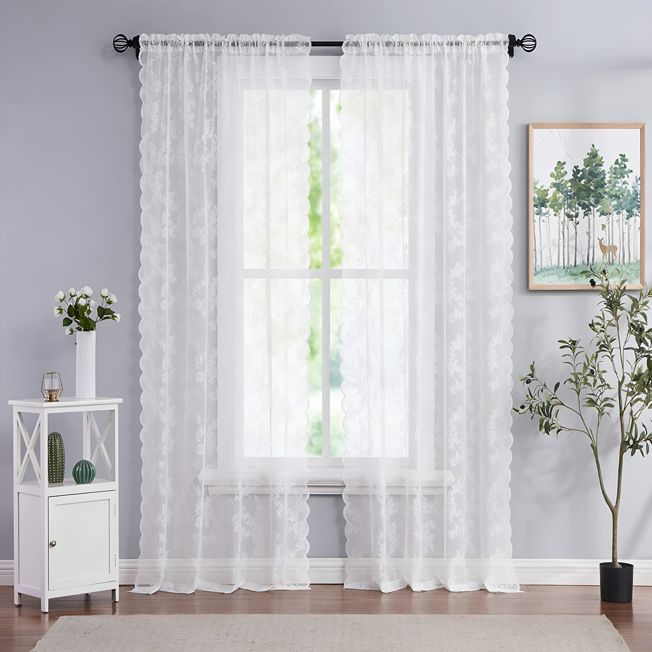AUQ White Lace Sheer Curtain Panels for Living-Room,Beaded Curtain,Rose Floral Embroidery Draperies for Farmhouse,Rod Pocket 95"L X 55"W X 2 Pcs