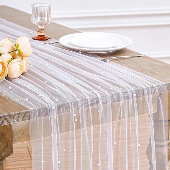 AUQ White Pearl Table Runner Tulle: 10Ft Pearl Kitchen Linen 29X120 Inch Sheer Gauze Fabric for Wedding Decor Birthday Party Dining Table Cover