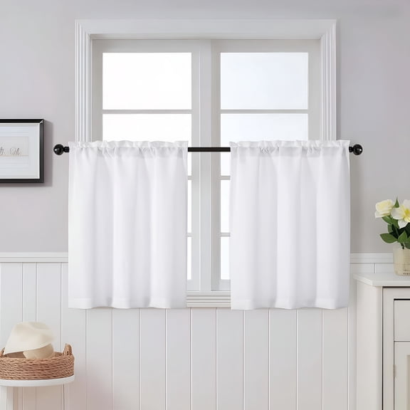 AUQ White Short Kitchen Curtains 24 Inch Length Tier Curtain 2 Panels - Faux Linen Textured Cafe Curtain,Light Filtering Small Windows Curtains for Bathroom Basement,30" W X 24" L