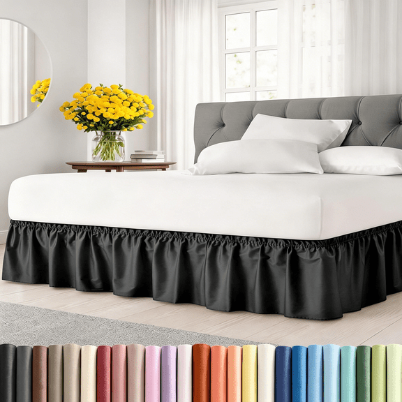 AUQ Wrap Around Dust Ruffle Bed Skirt-Black-For Queen Size Beds with 12 Inch Drop-Easy Fit Elastic Strap-Adjustable Pleated Bedskirt W/Brushed Fabric-Wrinkle Free-For Women,Men,Kids&Teens