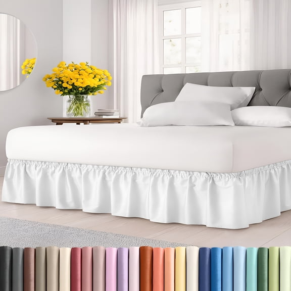 AUQ Wrap Around Dust Ruffle Bed Skirt - White - for Queen Size Beds with 15 Inch Drop - Easy Fit Elastic Strap - Adjustable Pleated Bedskirt W/Brushed Fabric - Wrinkle Free