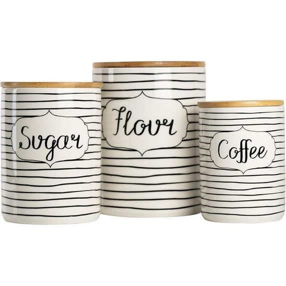 AUR 10 Strawberry Street Everyday Coffee, Sugar, Flour 3 Piece Canister Set, White/Black