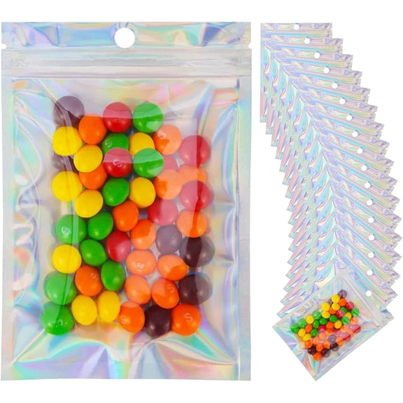 AUR 100 Pieces Resealable Mylar Bags, Small Holographic Packaging Bags, Smell Proof Mylar Bags for Food Storage/Jewelry/Eyelash for Small Business (Holographic, 4.7x7.8 Inch)
