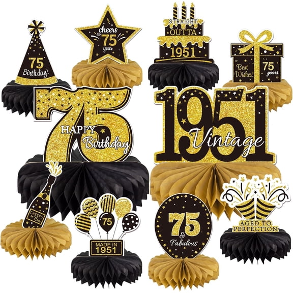 AUR 10PCS 75th Birthday Decorations Centerpieces for Table Decorations, 2026 Vintage 1951 Honeycomb Table Topper Back in 1951 Birthday Party Decoration for Men and Women (Gold & Black, 75 Years)