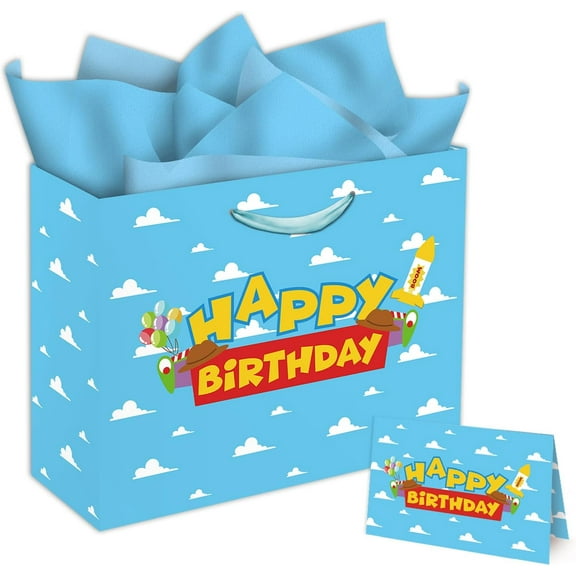 AUR 13" Large Cartoon Story Party Supplies Gift Bag Set with Greeting Card and Tissue Paper, Gift Bag for Birthday PartyBlue Sky White Clouds Toy Theme Birthday Party Celebration.