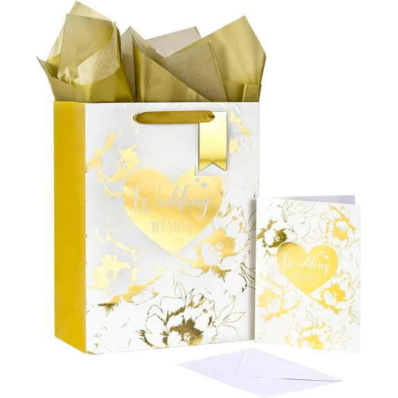 AUR 13" Wedding Gift Bag, Meatallic Foil Gold Gift Bag with Tissue Paper, Gift Tag and Card - Gold Heart Design for Wedding Celebrations