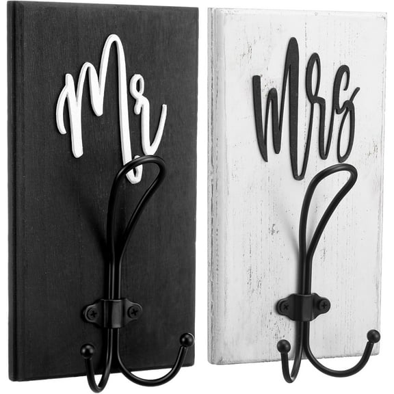 AUR 2 Pcs Mr and Mrs Towel Hooks for Bathroom Kitchen Farmhouse Wood Wall Hanging Heavy Duty Double Towels Holder Hooks Christmas Rustic Decorative Hanging Coat Keys Robe Hat(Black and White)