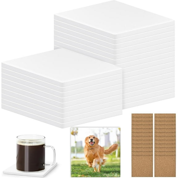 AUR 24 PCS Sublimation Coasters Blanks Ceramic Tiles Bulk 4x4 White Unglazed Glazed Ceramic Tiles for Crafts with 24 Cork Sticker Back, Square Coasters Sublimation for Heat Transfer DIY Painting