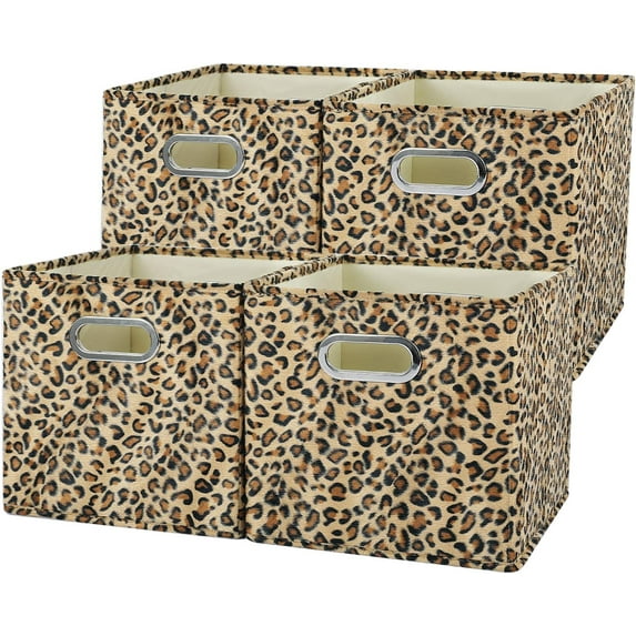 AUR 4PCS Storage Cubes Leopard Cheetah Print Velvet Fabric Storage Bins for Shelves, Collapsible Washable Closet Storage Baskets Boxes with Handles for Organizing and Storage -Brown, 11"x 11"x 11"