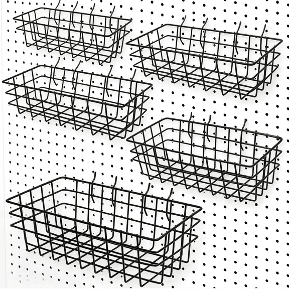 AUR 5-Piece Pegboard Baskets Set, Heavy Duty Black Metal Wire Wall Mount Storage Bins, Pegboard Organizer Accessories Shelf for Garage Workshop Craft Room