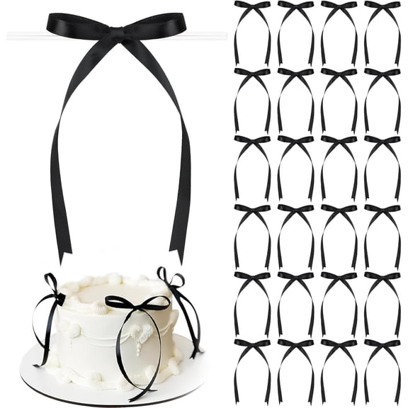AUR 50pcs Black Satin Ribbon Bows 4.7''x7.1'' Twist Tie Bows for Cake Balloons Crafts Glass Gift Wrapping Coquette Birthday Wedding (Black)