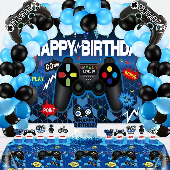 AUR 62 Pieces Video Game Party Supplies Set: Decorations with Happy Birthday Gaming Backdrop, Game Table Covers, Cake Topper, Foil Gamer Balloons, Multi-Color Balloons. Perfect for Game Party!