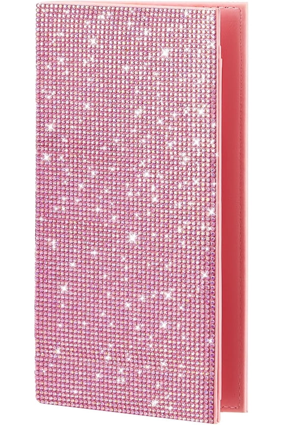 AUR Checkbook Covers for Women Glitter Personal Checkbook with Duplicate Check Gift for Christmas Bling Rhinestone Sparkly Pink Rfid Blocking PU Leather Register Wallet with Pen Insert and Divider