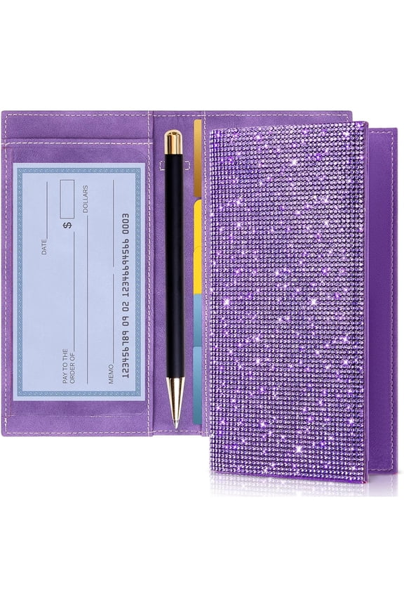 AUR Checkbook Covers for Women Glitter Personal Checkbook with Duplicate Check Gift for Christmas Bling Rhinestone Sparkly Purple Rfid Blocking PU Leather Register Wallet with Pen Insert and Divider