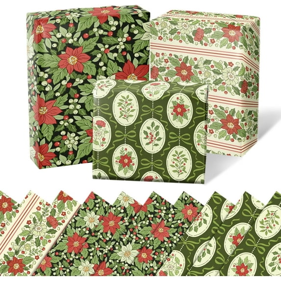 AUR Christmas Floral Wrapping Paper 6 Sheets for Girls Women, Vintage Red & Green Poinsettia Design, Folded Flat for Holiday Party 19.7" x 27.5" Per Sheet