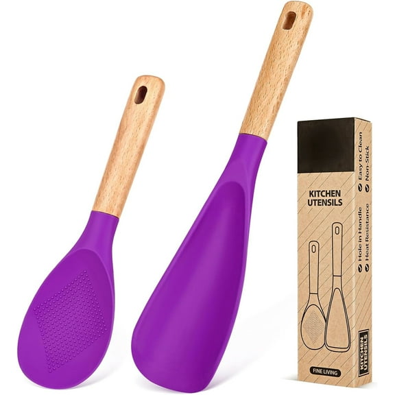 AUR Cooking Spoon and Rice Scooper for Nonstick Cookwares, Great for Cooking and Serving Sturdy BPA-Free Matte Silicone, Wood Handle Spoon for Mixing, Scoop, and Scrape (BERRY)