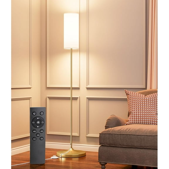AUR LED Floor Lamp for Living Room, Dimmable Standing Lamps with Foot Switch,Remote Custom Color Temperature Gold Pole Lamp with Lampshade,12W Led Bulb Tall Lamps for Bedroom Office Kid Room