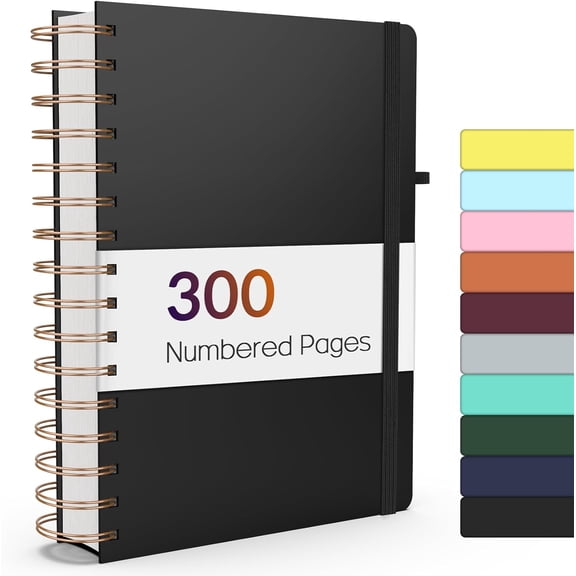 AUR Lined Spiral Journal Notebook with 300 Numbered Pages, A5 Thick Journals for Writing with 100GSM Paper, Hardcover Notebooks with Contents for Work, School, Women, Men, Black