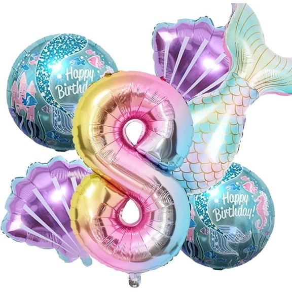 AUR Mermaid Number Balloons, Mermaid Foil Balloon Kit, 32 in Number with Round Shell Tail Balloons, 6 Pcs, for Girls Birthday Baby Shower, Pink Blue Foil