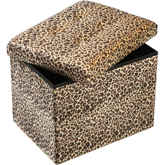 AUR Ottoman Storage Ottoman Footrest Stool Small Ottoman with Storage Foldable Ottoman Foot Rest Footstool Bench for Living Room 17x13x13inches Leopard Print