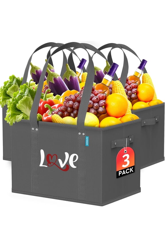 AUR Reusable Grocery Bags Heavy Duty Foldable Shopping Tote Bags with Handles & Reinforced Bottom to Stand Up Stay Open 3 Pack