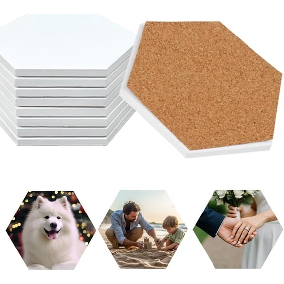 AUR Sublimation Blanks Drink Coasters - Glazed Round Ceramic Absorbent Coasters with Cork Backing Pads,Thermal Transfer Printing Image, DIY Crafts, Painting, Gifts Wedding, and Home Decor (Hexagon 8)