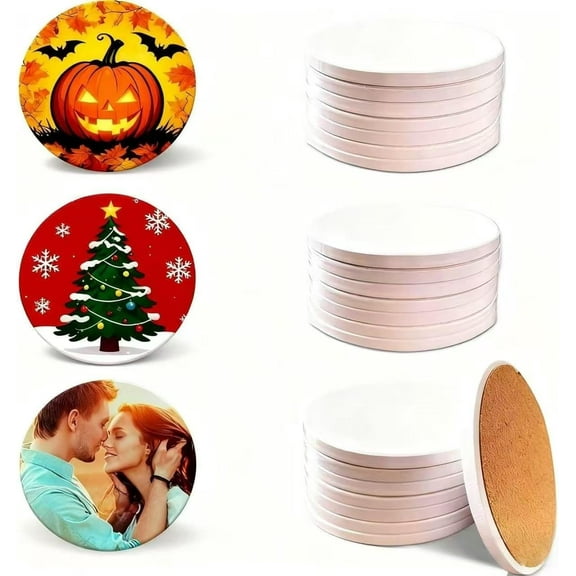 AUR Sublimation Blanks Drink Coasters - Glazed Round Ceramic with Cork Backing Pads Absorbent Coasters,Thermal Transfer of Any Image, DIY Christmas, Painting and Home Decor (24 Pack)