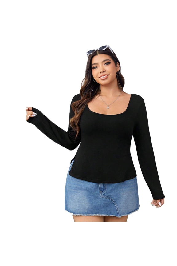 Black Square Neck Long Sleeve Knit Sweater Slim Fit Cropped Pullover Top 1XL 3XL