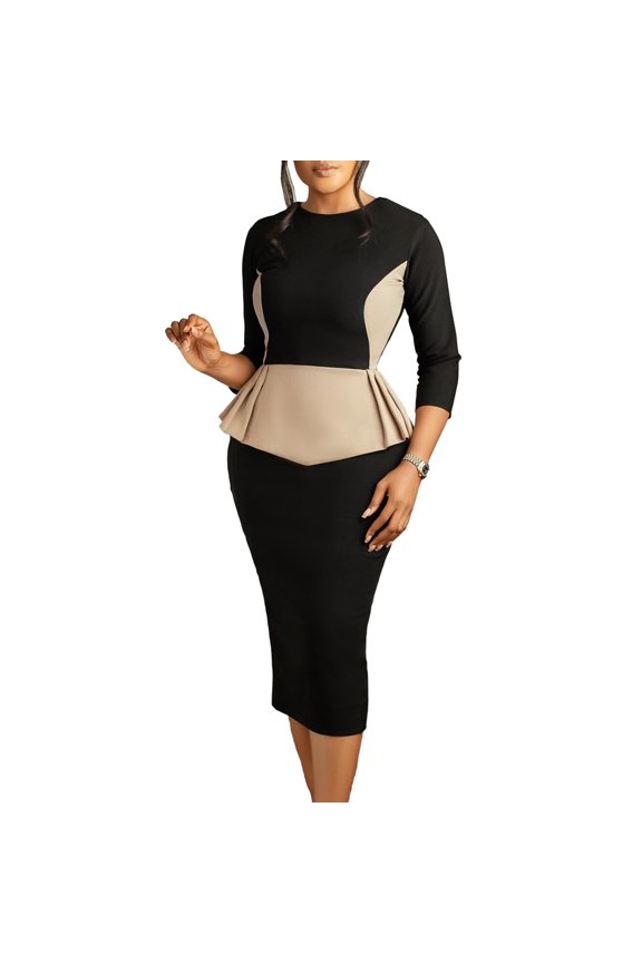 Elegant Color Block Midi Bodycon Dress For Women High Waist Zipper Back Office Work Fall Winter Style