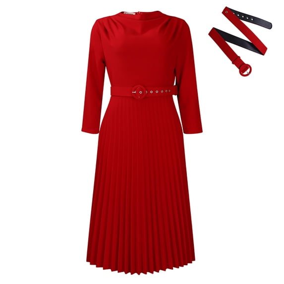 AURA Elegant Pleated Midi Dress With Belt High Waist Solid Color Zipper Work Office Style