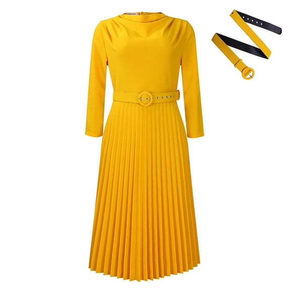 AURA Elegant Pleated Midi Dress With Belt High Waist Solid Color Zipper Work Office Style