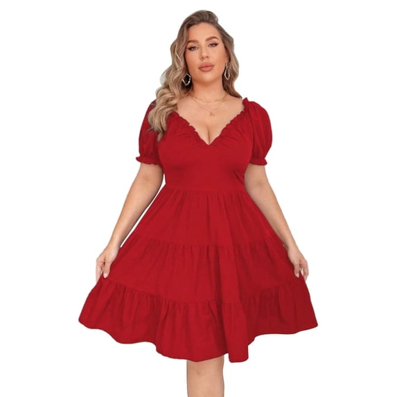 AURA Elegant Red Knit V Neck High Waist Ruffle A Line Dress Short ...