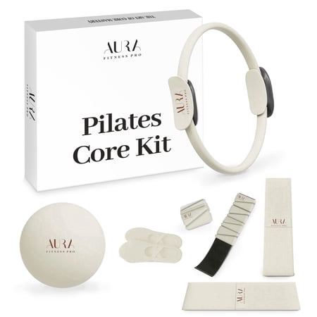 AURA Fitness Pro Pilates Kit for At-Home Workouts with Magic Circle Ring Ball 1lb Ankle/Wrist Weights Resistance Bands & Grip Socks for Full-Body Toning Core Strength Home Gym Travel Size
