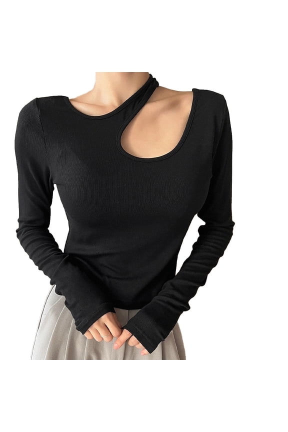 Korean Style Slim Fit Long Sleeve Knit Pullover Sweater Irregular Hem Cropped Black