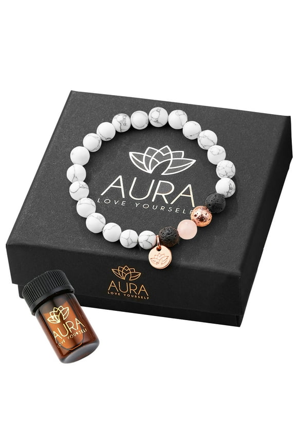 AURA Lava Rock Bracelet with Lavender Essential oil in a GIFT Box, Relaxation Gift for Women White