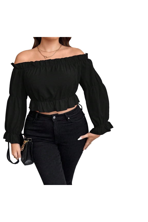 Off Shoulder Puff Sleeve Knit Top Solid Color Slim Fit Ruched Short Length 1XL 2XL 3XL