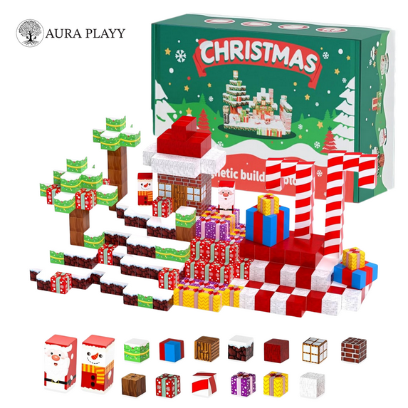 AURA PLAYY Magnetic Building Blocks Christmas Holiday Village Construction Set STEM Learning 60 Piece