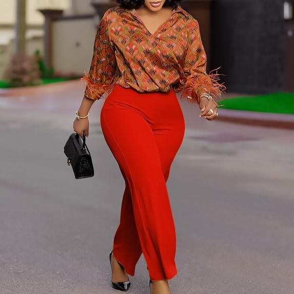 AURA Plus Size 2 Piece Pant Set Printed Long Sleeve Top Tie Waist Wide Leg Pants Elegant Fall Outfit