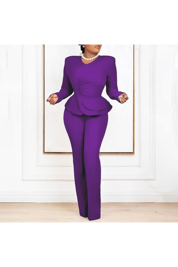 Plus Size 2 Piece Pants Set Ruffle V Neck Long Sleeve Top Wide Leg Trousers Elegant Fall Winter Outfit